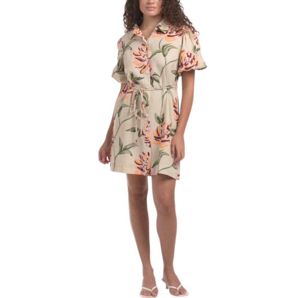 LEA Puff Sleeve Floral Tie Waist Shirt Mini Dress
